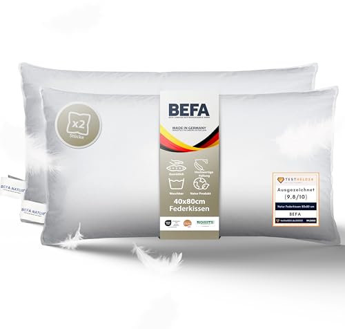BEFA NATUR - Fabricado en Alemania - Almohada de Plumas Extra Firme, 40x80 cm, 100% Plumas, Ideal para alérgicos (Nomite), Certificado con Öko-Tex 100 Clase 1, Norma EN 12934, Downpass (2 Piezas)