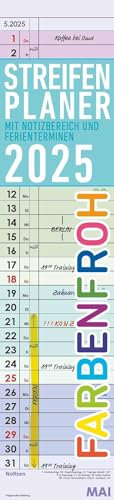 Alpha Edition - Streifenplaner Farbenfroh 2025, 11,3x49,5cm, Streifenkalender mit einer Spalte für Termine, Jahresübersichten, 100-jähriger Kalender, Ferientermine DE/AT/CH und deutsches Kalendarium