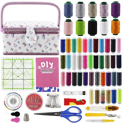 SusggO Kit Cucito 140 Pezzi Con Accessori e Guida Basica Punti. Scatola Legno Foderata Tessuto, Regole e Modello Patchwork Per Adulti