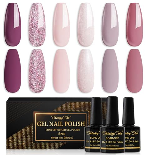 Shining She Vernis Semi Permanent, 6 Couleurs Rose Nude Rosa Taupe Paillettes Gel UV Semi Permanent Soak Off UV/LED Vernis à Ongles Pour Salon De Manucure DIY Home, 8ml