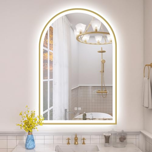 S'bagno Specchio Bagno con Luce 60x90cm, Specchio Retroilluminato Bagno con Cornice in Alluminio, Anti-Fog, 3000K/4000K/6500K, Vetro Temperato HD, IP44 Impermeabile, Memoria, Dorato