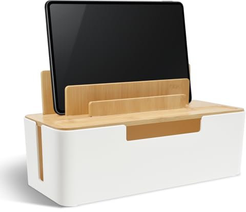 Yiomxhi Kabelbox, Kabel Organizer Box mit Telefon- und Tablet-Halterung, Kabelmanagement Box mit Deckel, Steckdosenbox zum Verstecken Steckdosenleiste, Weiß
