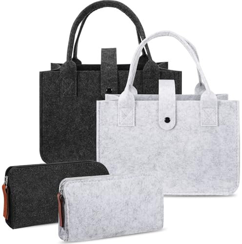 Vyuwast 4 Stück Filztasche Einkaufstasche Set,2 Filz Henkeltasche und 2 Filz Mäppchen Kosmetiktasche,Faltbar Filztaschen Shopper,Tragetasche Filz zur Einkaufen,Ausgehen,Aufbewahrung,Reisen,Picknick