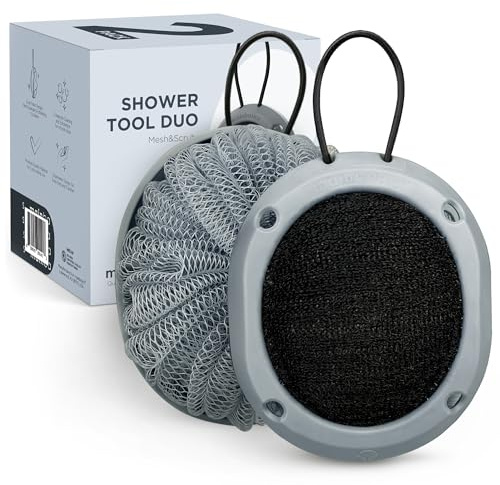 MainBasics Shower Tool Duo 2-1 Shower Loofah Sponge and Exfoliating Body Scrubber (2 Pack, Skyway)