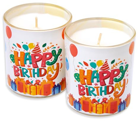 Candelo 2er Set hochwertige Geburtstagskerzen – Happy Birthday Kerze – 8 x 7cm - 30 Std Brenndauer – Windlicht ohne Duft Geburtstag Glaskerze - Kindergeburtstag Dekoration