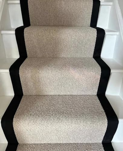 Stair Runner Carpet with Black Border, Modern Textured Design, Beige and Black