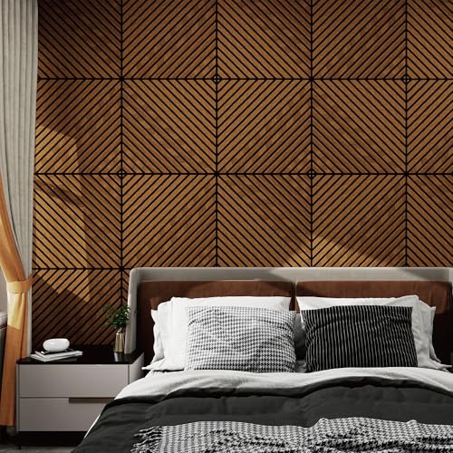 NEU.HOLZ Panel de Pared 3D Vang Juego de 12 Paneles Acústicos (4,32 m²) Revestimiento Mural Listones Diagonales Decorativos Estilo Escandinavo en MDF y Fieltro PET 60 x 60 x 2 cm - Teca