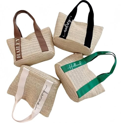 Borse Personalizzate Con Nome Ricamato, Borsa Da Spiaggia In Juta Personalizzata, Borsa Shopping Riutilizzabile In Paglia Di Grande Capienza, Regalo Per Matrimoni, Compleanni, Viaggi(Green)