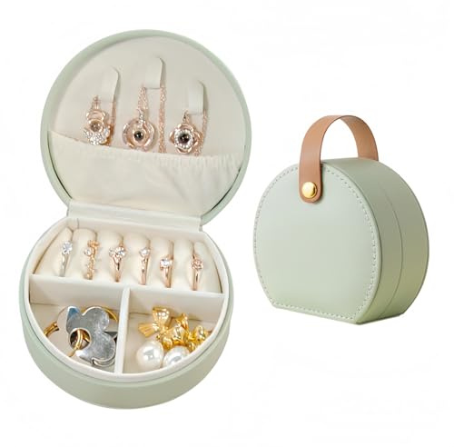 Alfven Boîte à Bijoux de Voyag, Petite Boîte à Bijoux Boite a Bijoux Femme avec style en Cuir PU Avec Poignée pour boucles d'oreilles, bagues, clous d'oreilles, collier (vert