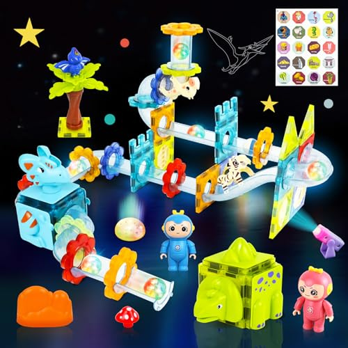 HERMORRYSS Blocs de Construction Magnétiques Enfants, Jeux pour Enfants Montessori, Circuit Billes Enfant avec LED & Circuit Billes, Carreaux Magnétiques STEM, 3D 3-12 Cadeaux pour Enfant (Dinosaures)