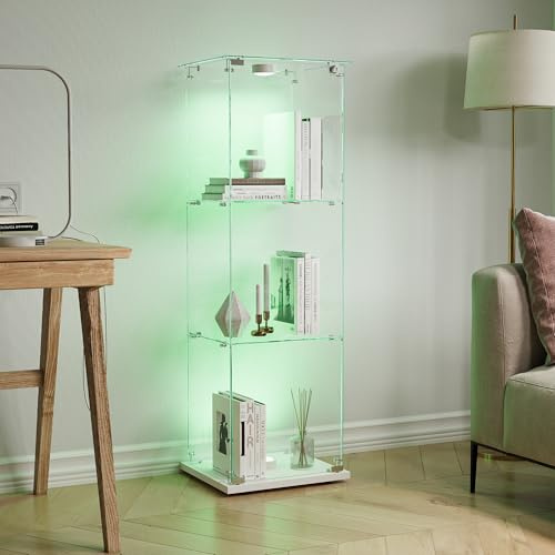 Vetrina in Vetro con LED, Armadio in Vetro da Esposizione con 1 Ante 3 Ripiani e Serratura Vetrinetta per Collezionismo Vetrina Soggiorno Moderna per Bar, Centri Commerciali (Bianco, luce a tocco)