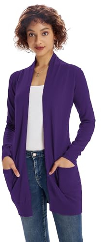 GRACE KARIN Damen Strickmantel Lang Sweater Langarm High Stretchy Casual Offene Strickjacke mit Taschen L Lila