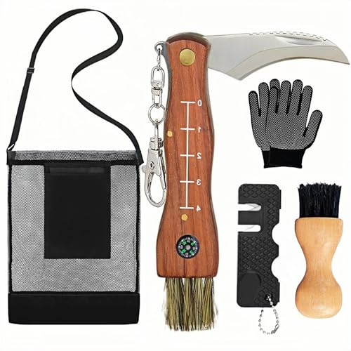 Bacxzomx Couteau à Champignons avec Brosse et Boussole, Acier Inoxydable Couteau Champignon Pliable, Kit Cueillette Champignons avec Sac de Cueillette, Idéal pour la Forêt et la Cueillette