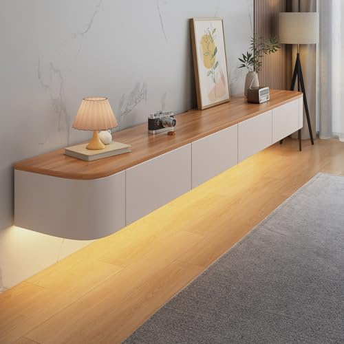 Kchsdool Mueble bajo moderno para TV colgante con iluminación LED, mueble para TV montado en la pared, de madera maciza, con cajones y estantes, consola multimedia para salón (Wood White+LED, 140 cm)