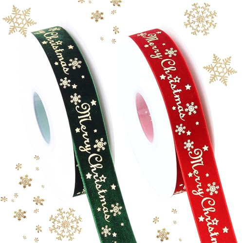 Qaestuan 2 Rollo Cinta Navideña, 2,5cm x 9m Cintas Navideñas, Cinta de Terciopelo Estampada, Cintas con las Palabras Merry Christmas, para Lazos, Regalos, Coronas, Decoraciones de árboles