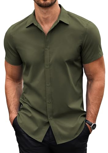 COOFANDY Mens Short Sleeve Shirts Summer Wrinkle Free Dress Shirt Business Casual Shirts Regular Fit Button Up Office Shirt Muscle Fit ArmyGreen L