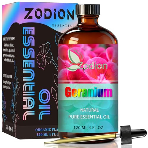 Geranium Essential Oil, 4 fl oz (120ml) - ZODION Geranium Fragrance Oil for Diffuser, Massage, Humidifier, DIY Candle, Soap Making, Home, Bath, Yoga