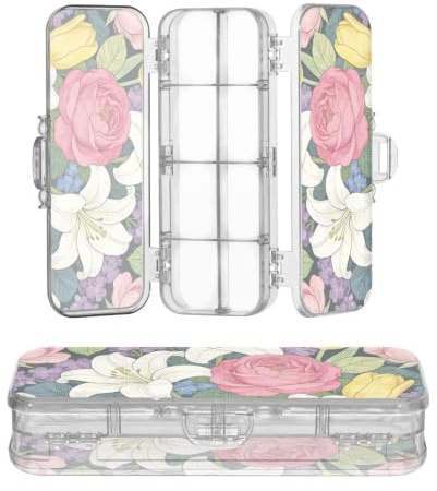 Amooorous Designed Clear Pencils Box William Morris rosa ros lilja | Genomskinliga pennfodral med dubbla däck för kontorsmaterial med lock