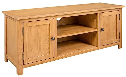 vidaXL TV Stand - Farmhouse Brown Solid Oak Wood Cabinet with Storage Compartments - Ideal for Living Room Decor and Multimedia Storage - Easy Assembly Required.