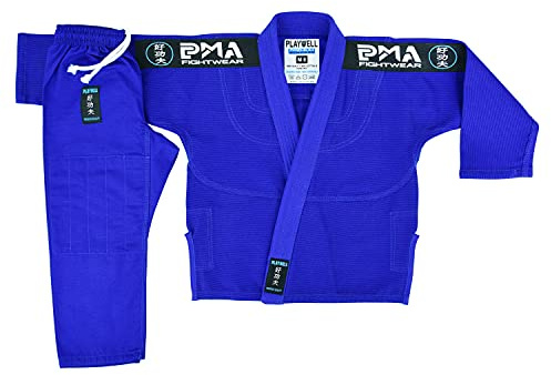 Playwell Childrens Kids Elite BJJ Jiu Jitsu Uniform GI - Blue (comes with Free BJJ White Belt) (M1)