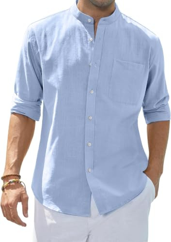 siliteelon Men's Shirts Grandad Collar Long Sleeve Banded Collar Linen Shirts Regular Fit Beach Shirt with Pocket