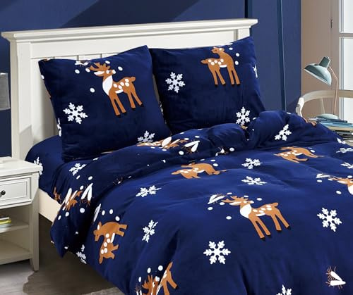 Cotton Market Ropa de cama de 155 x 220 cm – Ropa de cama de microfibra – Ropa de cama de Navidad – Juego de ropa de cama de 3 piezas – Funda nórdica y 2 fundas de almohada de 70 x 80 cm – Azul marino