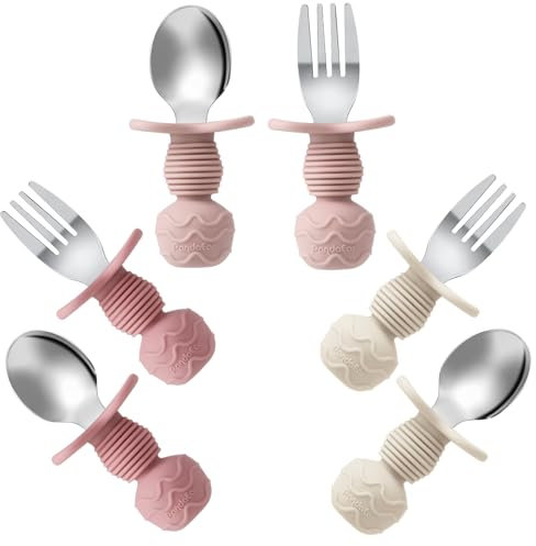 PandaEar 6 Stück Kinderbesteck| Silikongriff Edelstahl Kindergeschirr Set | Baby Besteck Esslernbesteck ab 1 jahr | Kinder Löffel und Gabel Set für Baby| BPA frei Lernbesteck (Pink/Beige)