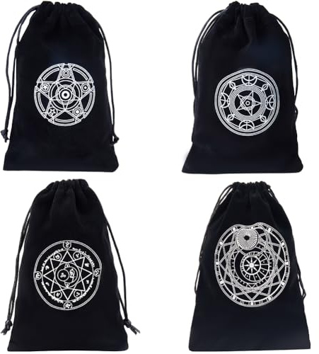 CREATCABIN 4bolsa Almacenamiento Tarot Negra 4 estilos,Bolsas Embalaje Cordón Terciopelo,Bolsa Regalo Estrella Fase Lunar Pentagrama Tarjeta Dados Tarot,Joyería Cristal,Bolsa para Tarjetas Adivinación
