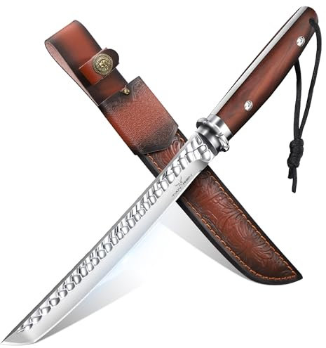 TAN REN Couteau de Chasse 21 cm, Couteau de Survie avec étui en Cuir, Outdoor Couteau Aiguisé Lame Fixe, D2 Couteau D'extérieur, Couteau de Camping Survival Full Tang Manche en Bois