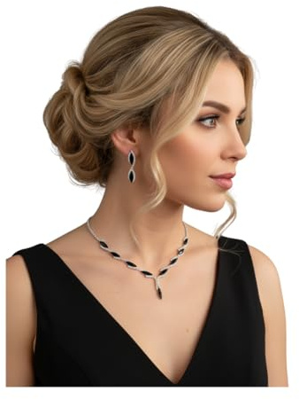 ONDEGO® 2er Set Y Strass Schmuck Damen – Schwarz-Silber Halskette mit Ohrringen – Verstellbare Kette 31–44 cm, elegantes Collier Schmuckset für Hochzeit, Abiball, Kommunion & festliche Anlässe