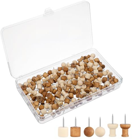 AOZUO 150 Stück Pinnadeln Holz, 2cm Reißzwecken Pinnwandnadeln Holz Reißnägel mit Aufbewahrungsbox für Pinnwand Büro Schule Zuhause Weltkarte Fotos Bürobedarf