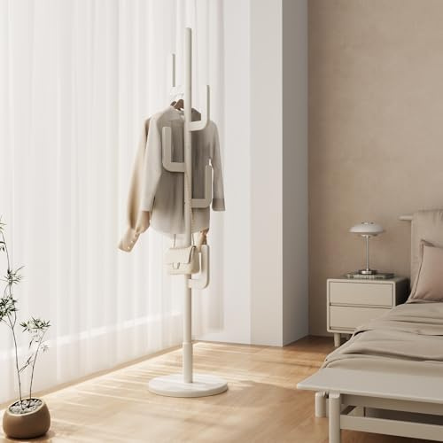 AQIMUELE Perchero de Madera Maciza, Perchero de Pie con 6 Ganchos para Abrigo, Sombrero, Bolso, Cartera, para Entrada, Pasillo, Ganchos y Mástil de Madera de Caucho, Diseño de Cactus, Blanco
