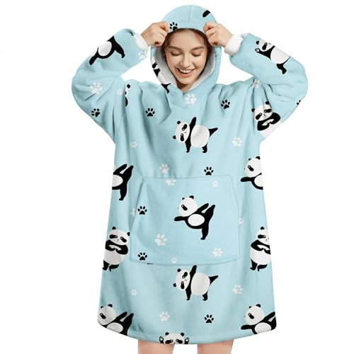 Queenshin Sudadera Manta con Capucha y Bolsillo Batamanta Mujer Hombre Panda Azul, Oversize Hoodie Poncho Sherpa Suave y Acogedora, Talla Única