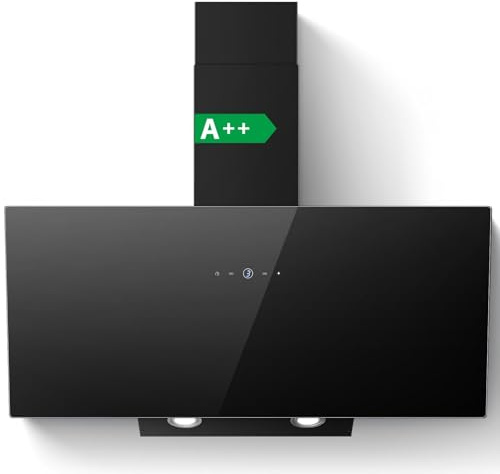 SNDOAS Hotte Aspirante 90 cm, A++ Hotte de Cuisine Inclinées Noir, 700 m³/h, 3 Vitesses Hotte en Commande Tactile, Filtre à Charbon Actif, Recyclage/Évacuation