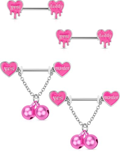 OUFER 4PCS Nipple Piercing Jewelry, 14G ​Pink Bell&Chain Nipple Rings Surgical Steel, Melting Heart 14MM Nipple Barbells, Nipple Piercing Kit For Women