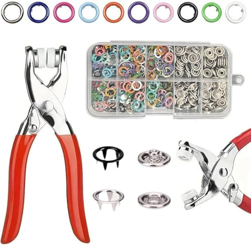 Kit da cucito con 100 bottoni in metallo, pinze manuali incluse, kit di bottoni a pressione da 9,5 mm con strumento di fissaggio per fai da te, cucito, tessuto, vestiti, borse, jeans (1 set-100 pezzi)