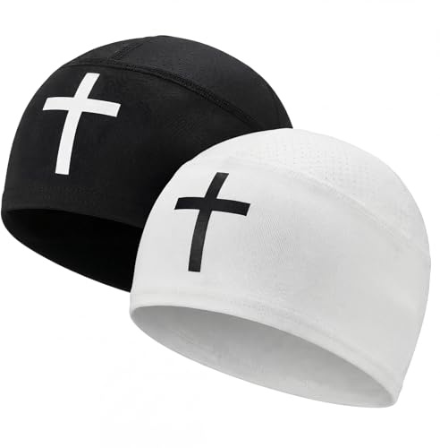 Cuffbow 2 Pcs Skull Cap for Men Beanie Hat Sport Lightweight Breathable Helmet Liner Hat for Men Bicycle Running Team Gift(Cross) White, Black