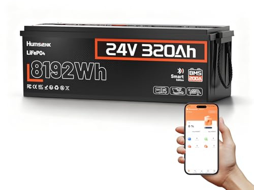 Humsienk Batteria LiFePO4 24V 320Ah Bluetooth con BMS 200A, 8192Wh, Protezione a Bassa Temperatura, 15000+ Cicli, Batteria Litio per Camper, Sistemi Solari, UPS, Off-Grid