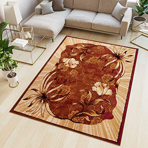 TAPISO Atlas Teppich Kurzflor Blumen Floral Meliert Bordüre Braun Beige Wohnzimmer Schlafzimmer Vintage Modern ÖKOTEX 70 x 130 cm