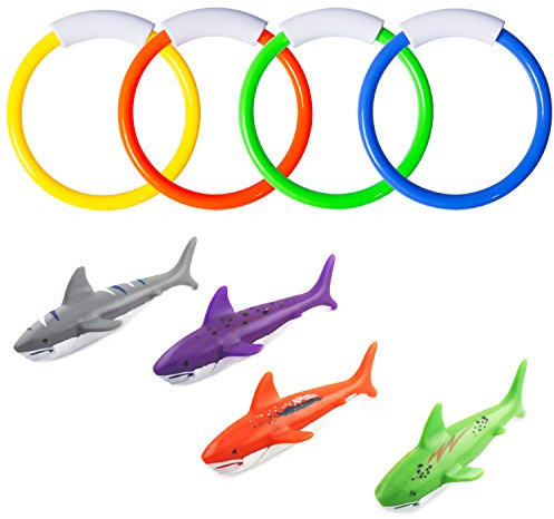 Pool Diving Toys, Underwater Swimming Pool Toys for Kids Ages 4-8, Diving Rings and Training Sharks for Learning to Swim, 8 Pack