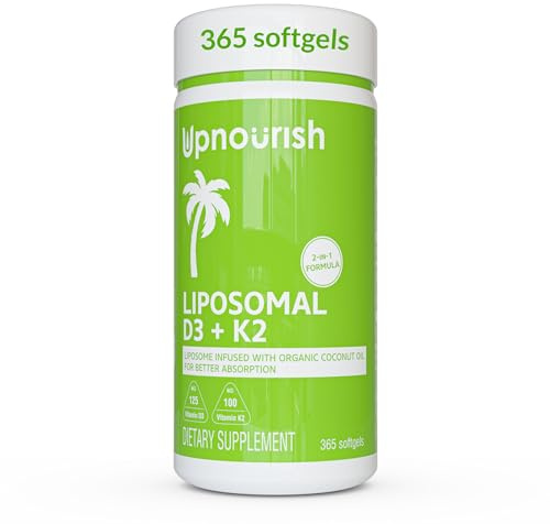 UpNourish Liposomal D3 K2 MK-7 – 365 Mini softgels with Organic Coconut Oil - 5000 IU 125 mcg Vitamin D3 and 100 mcg Vitamin k2 for Optimal Bone and Immune Health