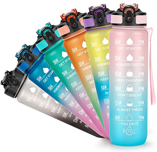 YC Kitchen 1 Litre Motivational Water Bottle with Time Marker, Leak-proof BPA Free Sports Water Bottles with Straw & Carrying Strap