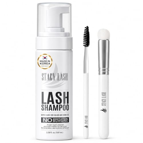 STACY LASH Eyelash Extension Shampoo + Brush / 3.38 fl.oz / 100ml / Eyelid Foaming Cleanser/Wash for Extensions & Natural Lashes/Safe Makeup Remover/Supplies for Professional & Home Use