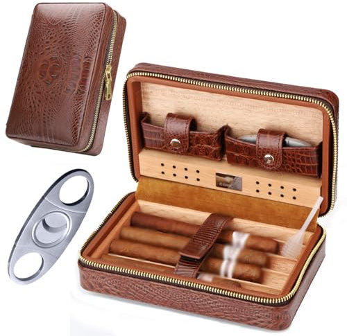 Burgundy läder cigarrfodral med tillbehör – rymmer 4 cigarrer, cigarrskärare och humidor, för pappa på fars dag eller födelsedag