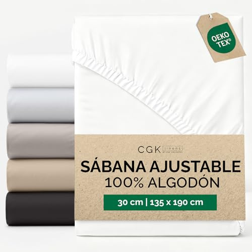 Sábana Bajera 135x190cm - 100% Algodón - Sábana Ajustable 135x190 para Colchones hasta 30 cm Altura - Ropa de Cama Premium Algodón 400 Hilos - Certificación Oeko-Tex - Paquete Individual - Crema