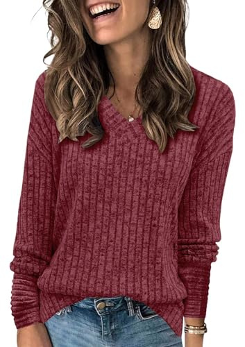 Tomwell Femmes Couleur Unie Pull Boutons Décor À Manches Longues Col Rond Pull Tricoté Blouse Hauts Décontracté Ample T-Shirt Cardigan À Boutonnage Simple Rayé D Vin Rouge XL