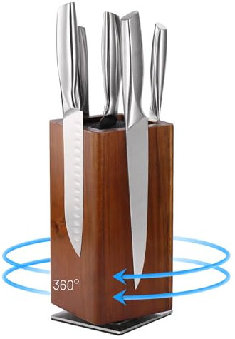 Ceppo magnetico per coltelli senza coltello, supporto per coltelli girevole a 360° con calamite a quattro lati e base antiscivolo, in legno di acacia universale per la cucina con setole (marrone)