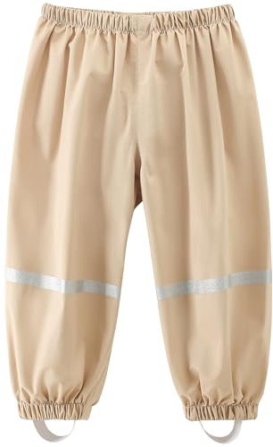 Fewlby Kids Waterproof Trousers Girls Boys Rain Trousers Lightweight Mud Proof Pants Outdoor Rain Wear with Reflective Strips for Outdoor Play, Khaki 5-6 Years