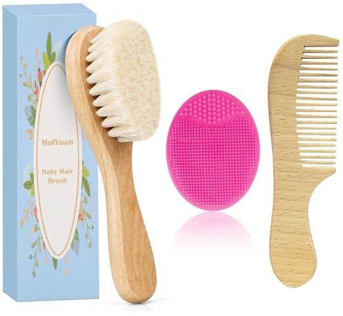 MolYuan Lot de 3 brosses à cheveux et peignes pour bébé, poils de chèvre et brosse à cheveux en silicone bleu pour berceau (Rose rouge Brosse en silicone)