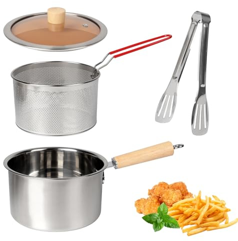 Mini Friteuse Huile en Acier Inoxydable 304 avec Panier, Pot de Filtre à Huile avec Couvercle, Pince et Poignée, Filtre Huile Friteuse Récipient à Graisse Friteuse pour Tempura, Poisson (20X10.5cm)